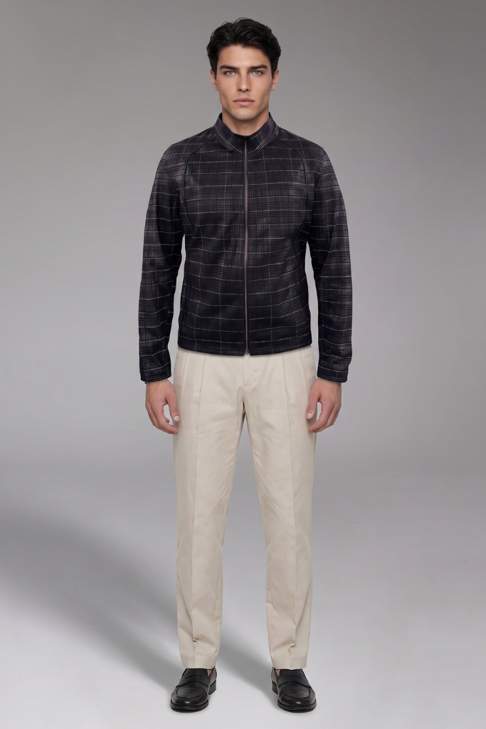 Geacă bărbătească din piele naturală, reversibilă, Dorian, SQ 029, Carouri Black, Carolina Design