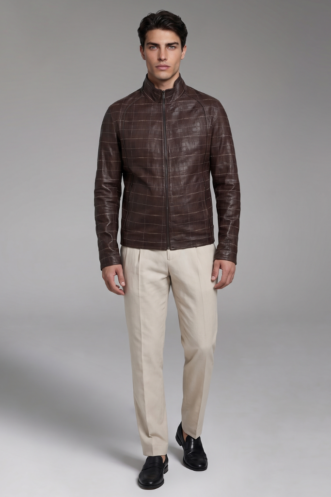 Geacă bărbătească din piele naturală, reversibilă, Dorian,SQ 029, Carouri Brown, Carolina Design