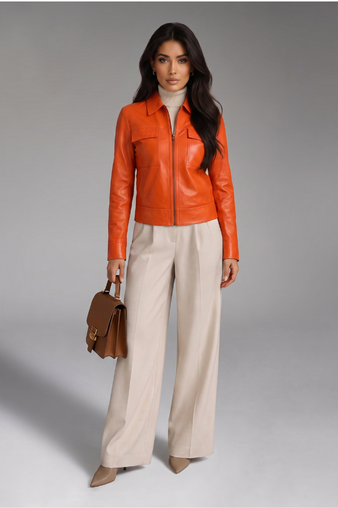 Jachetă din piele naturală reversibilă cu două fețe, Selene, Orange/Negru , DELUX Carolina Design