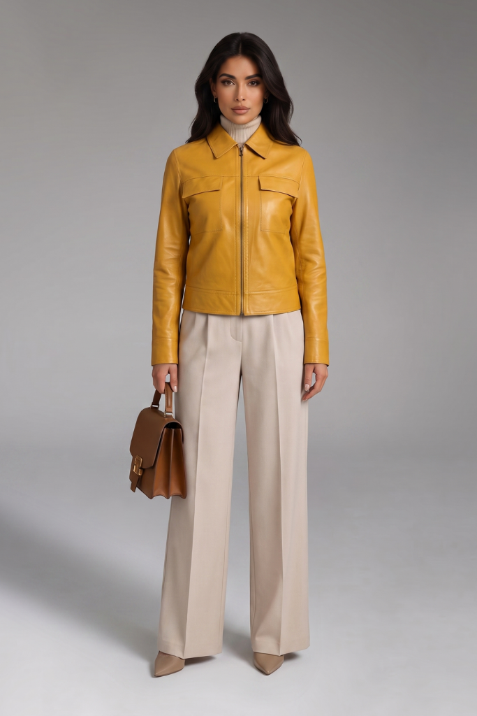 Jachetă din piele naturală reversibilă cu două fețe, Selene, Yellow/Negru , DELUX Carolina Design