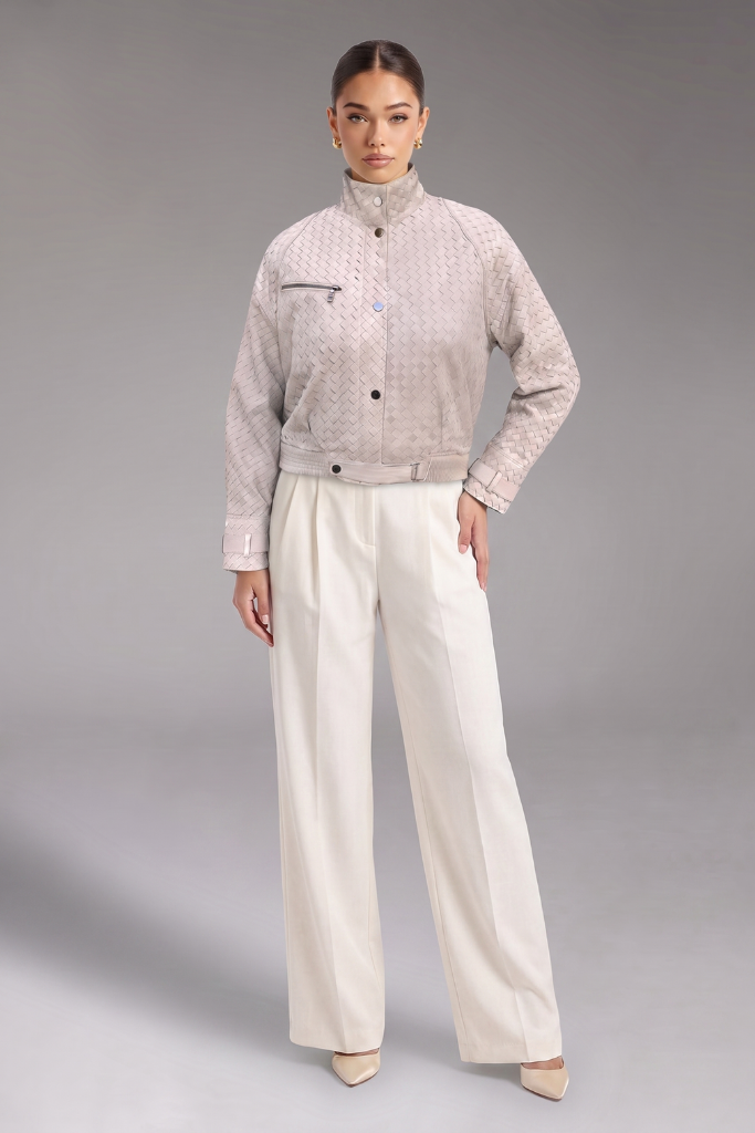 Haină din piele naturală velur împletită, Elara, Bej, DONNA BT Carolina Design