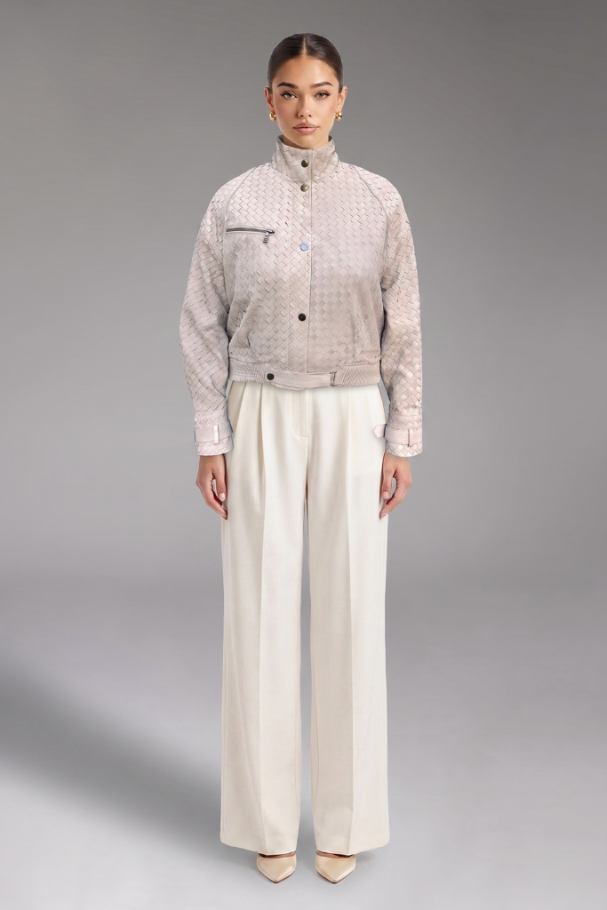 Haină din piele naturală velur împletită, Elara, Bej, DONNA BT Carolina Design Haină din piele naturală velur împletită, Elara, Bej, DONNA BT Carolina Design