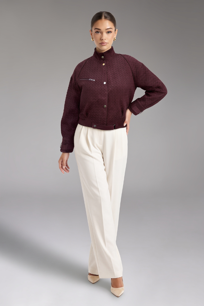 Haină din piele naturală velur împletită, Elara, Burgundy, DONNA BT Carolina Design