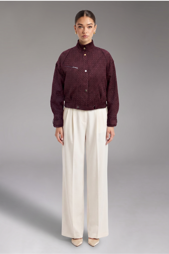 Haină din piele naturală velur împletită, Elara, Burgundy, DONNA BT Carolina Design Haină din piele naturală velur împletită, Elara, Burgundy, DONNA BT Carolina Design