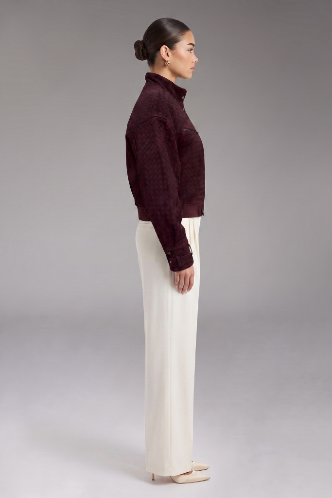 Haină din piele naturală velur împletită, Elara, Burgundy, DONNA BT Carolina Design Haină din piele naturală velur împletită, Elara, Burgundy, DONNA BT Carolina Design