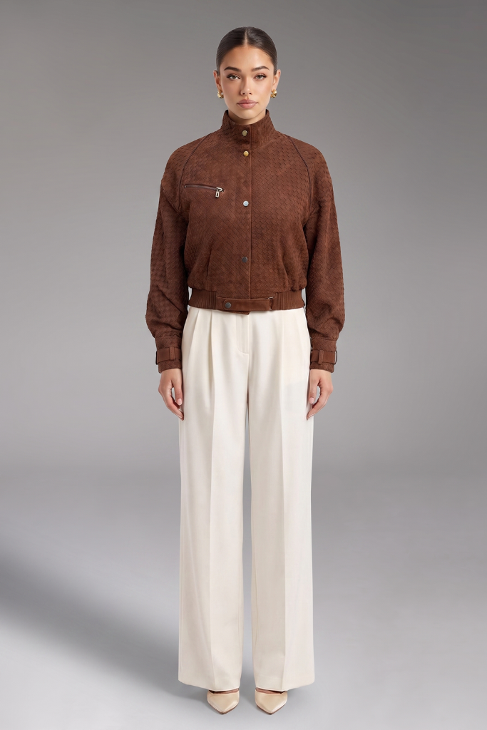 Haină din piele naturală velur împletită, Elara, Brown, DONNA BT Carolina Design