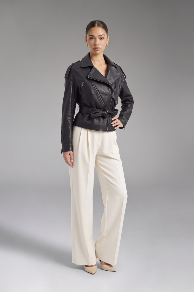 Jachetă din piele naturală texturată, cu cordon, Hera, Negru, TH190 Carolina Design