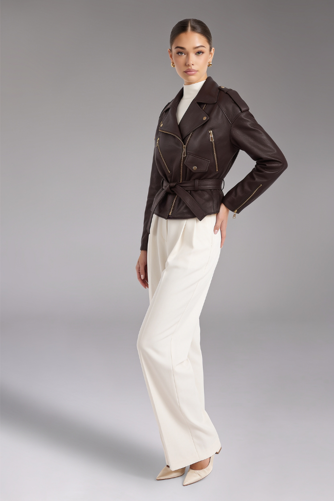Jachetă din piele naturală texturată, cu cordon, Hera, Chocolate Brown, Carolina Design