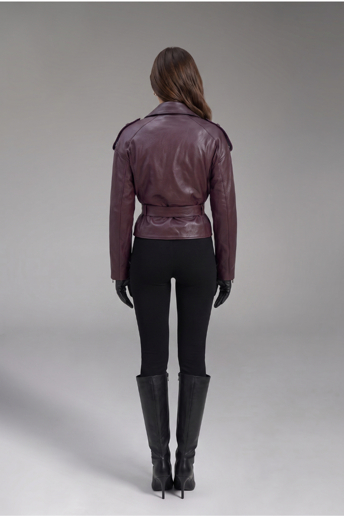 Jachetă din piele naturală texturată, cu cordon, Hera, Burgundy, Carolina Design Jachetă din piele naturală texturată, cu cordon, Hera, Burgundy, Carolina Design