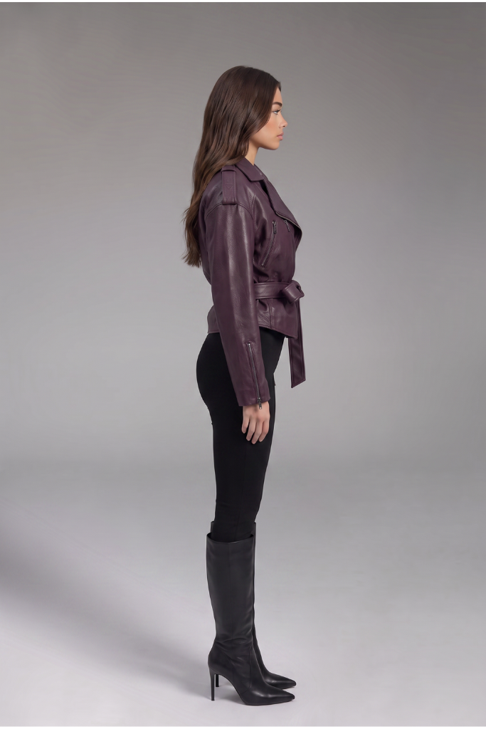 Jachetă din piele naturală texturată, cu cordon, Hera, Burgundy, Carolina Design Jachetă din piele naturală texturată, cu cordon, Hera, Burgundy, Carolina Design