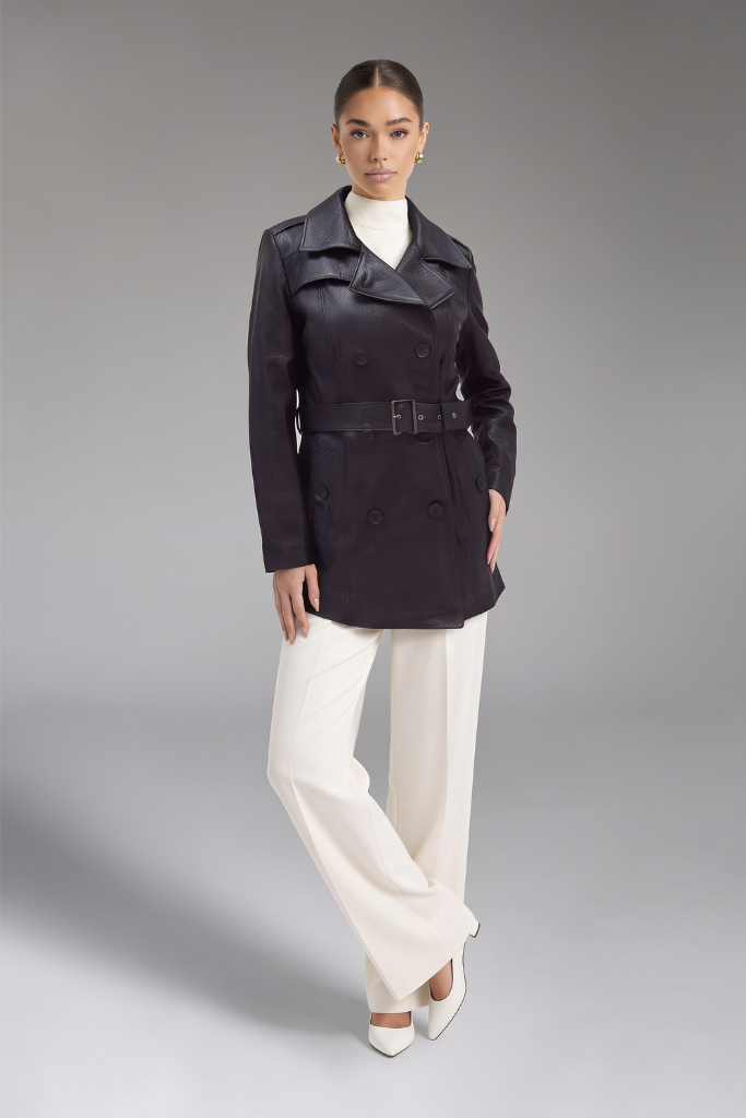 Trench din piele naturală texturată, cu cordon, Nyx, Negru, Carolina Design