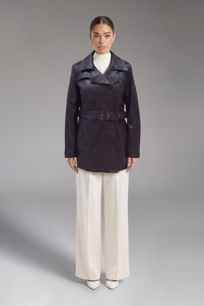 Trench din piele naturală texturată, cu cordon, Nyx, Negru, Carolina Design Trench din piele naturală texturată, cu cordon, Nyx, Negru, Carolina Design