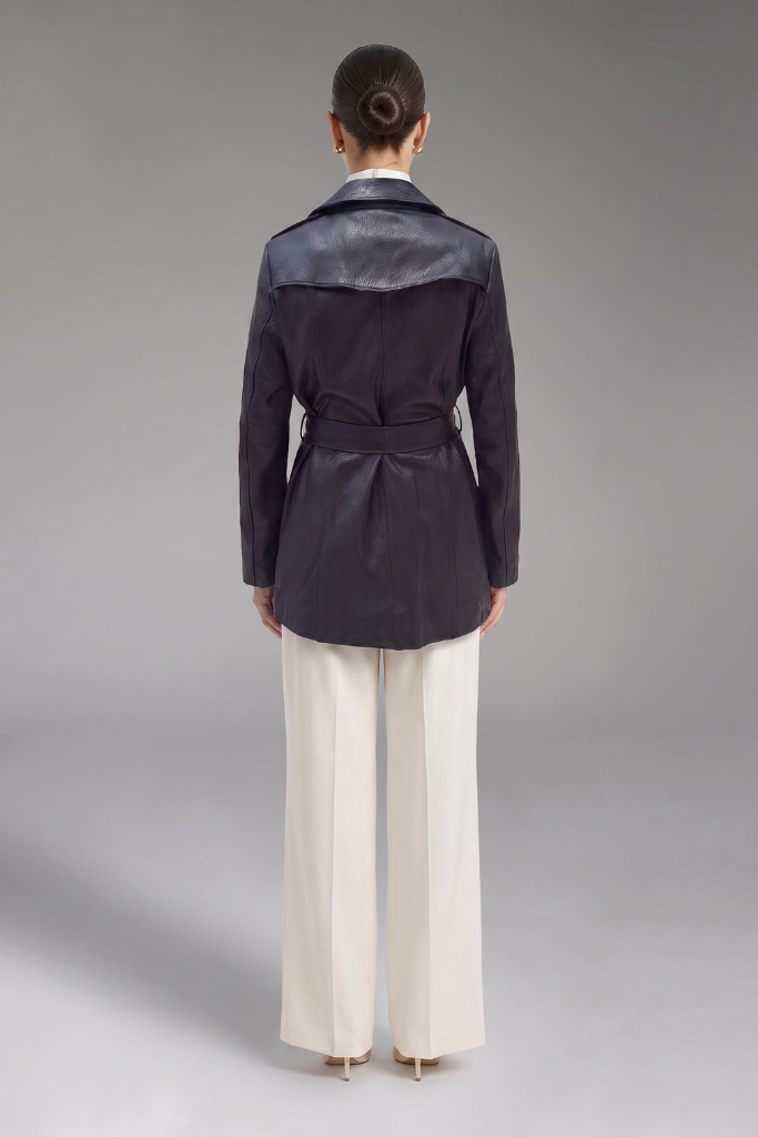 Trench din piele naturală texturată, cu cordon, Nyx, Negru, Carolina Design Trench din piele naturală texturată, cu cordon, Nyx, Negru, Carolina Design