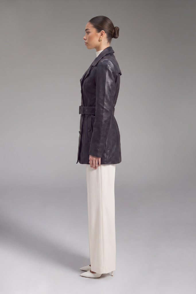 Trench din piele naturală texturată, cu cordon, Nyx, Negru, Carolina Design Trench din piele naturală texturată, cu cordon, Nyx, Negru, Carolina Design