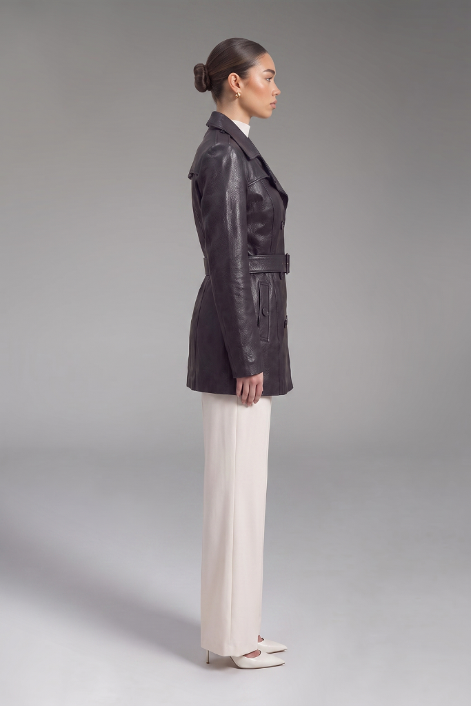 Trench din piele naturală texturată, cu cordon, Nyx, Negru, Carolina Design Trench din piele naturală texturată, cu cordon, Nyx, Negru, Carolina Design