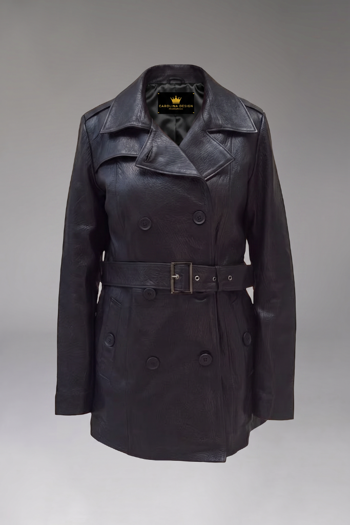 Trench din piele naturală texturată, cu cordon, Nyx, Negru, Carolina Design Trench din piele naturală texturată, cu cordon, Nyx, Negru, Carolina Design