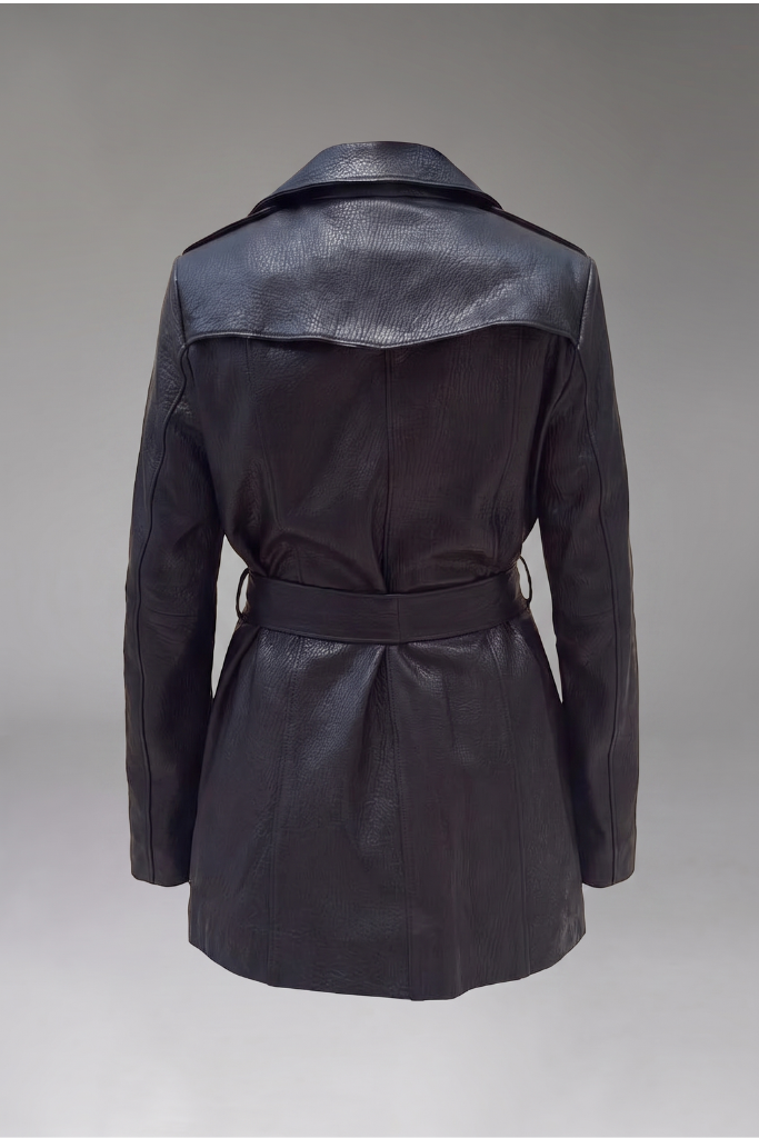 Trench din piele naturală texturată, cu cordon, Nyx, Negru, Carolina Design Trench din piele naturală texturată, cu cordon, Nyx, Negru, Carolina Design