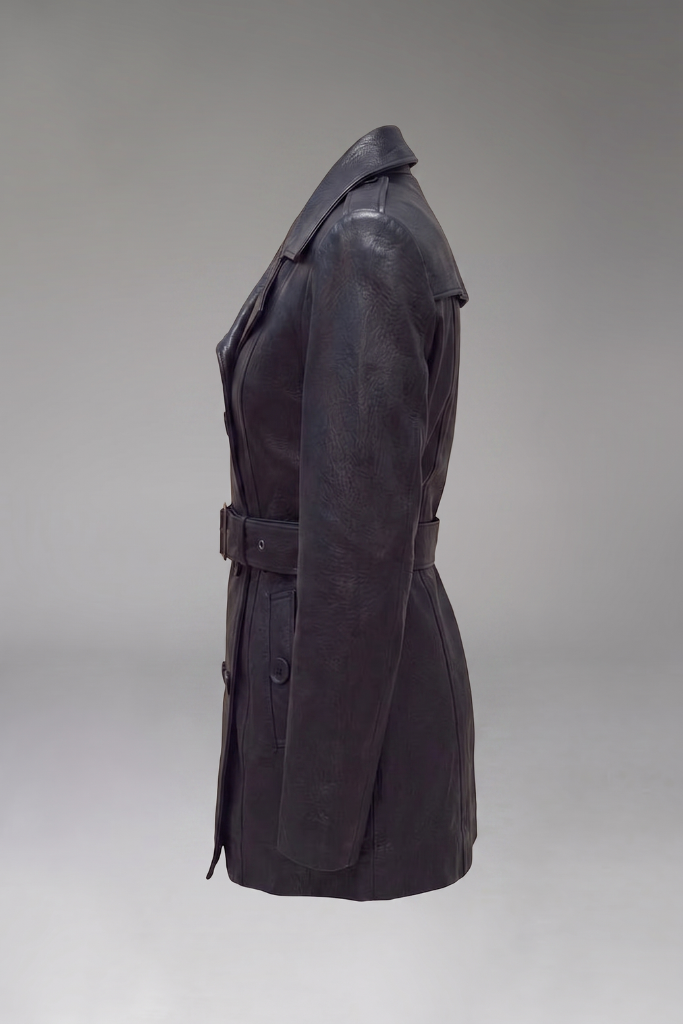 Trench din piele naturală texturată, cu cordon, Nyx, Negru, Carolina Design Trench din piele naturală texturată, cu cordon, Nyx, Negru, Carolina Design
