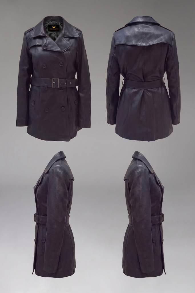 Trench din piele naturală texturată, cu cordon, Nyx, Negru, Carolina Design Trench din piele naturală texturată, cu cordon, Nyx, Negru, Carolina Design