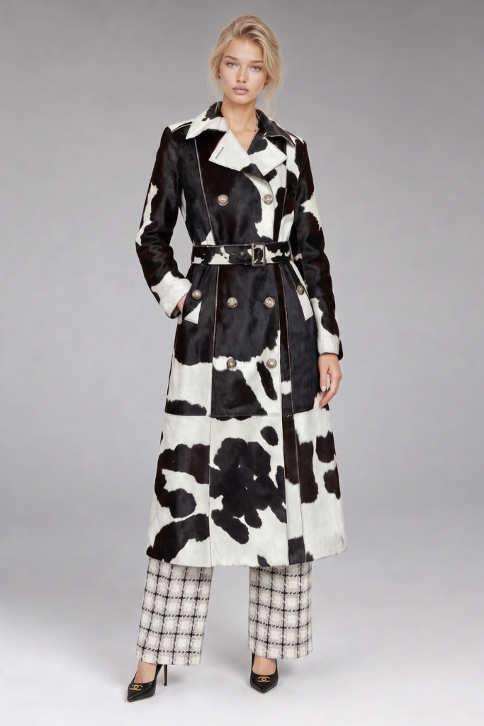 Trench din piele naturală de vițel, CAVALINO.115, Isadora, Alb/Negru, Carolina Design