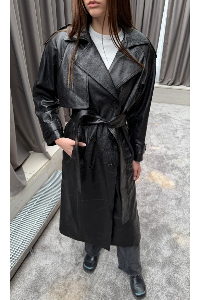 Trench de piele naturala jumbo, Black, Carolina Design