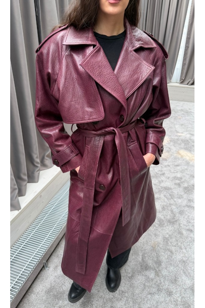 Trench de piele naturala jumbo, Burgundy, Carolina Design