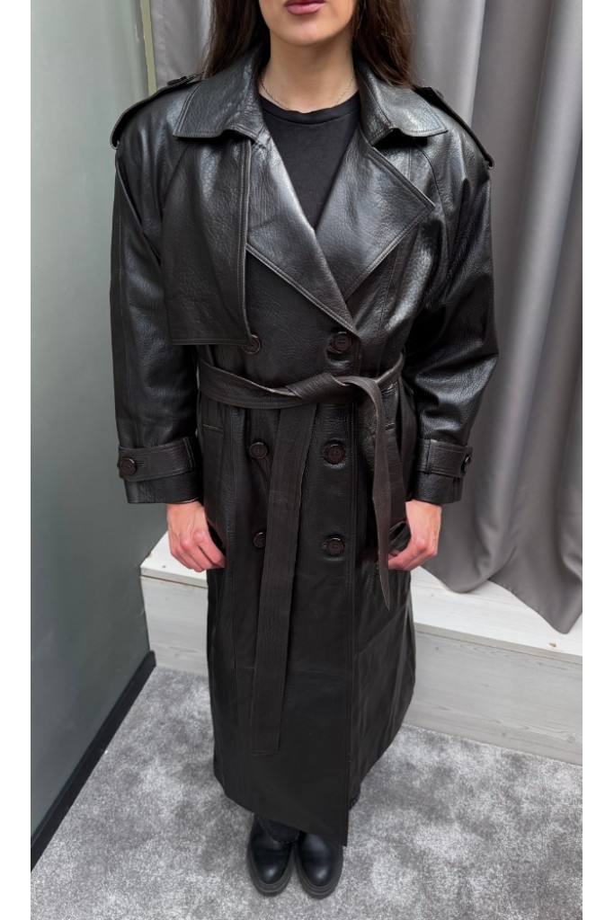 Trench de piele naturala jumbo, Dark Brown, Carolina Design