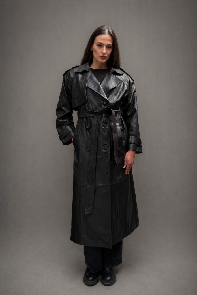 Trench de piele naturala jumbo, Dark Brown, Carolina Design