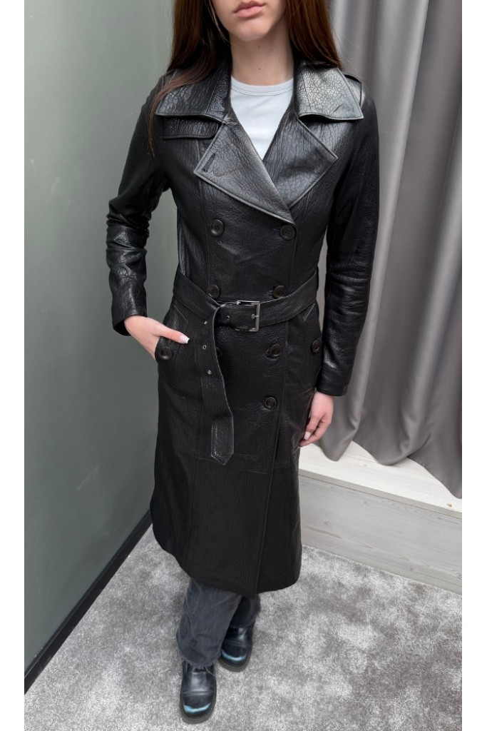 Trench de piele naturala jumbo, V line, Black, Carolina Design