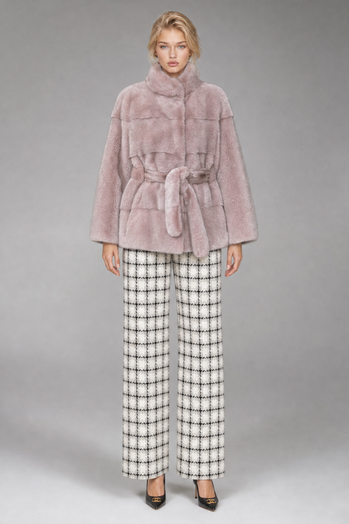 Poncho din blană naturală de vizon (nurcă), THE 4085, Roz Pudră, Carolina Design
