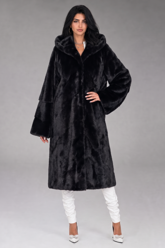 Haină din blană naturală de vizon, cu glugă, THE M140, Seraphina, Negru, Carolina Design