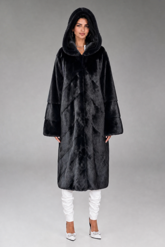 Haină din blană naturală de vizon, cu glugă, THE M140, Seraphina, Negru, Carolina Design Haină din blană naturală de vizon, cu glugă, THE M140, Seraphina, Negru, Carolina Design