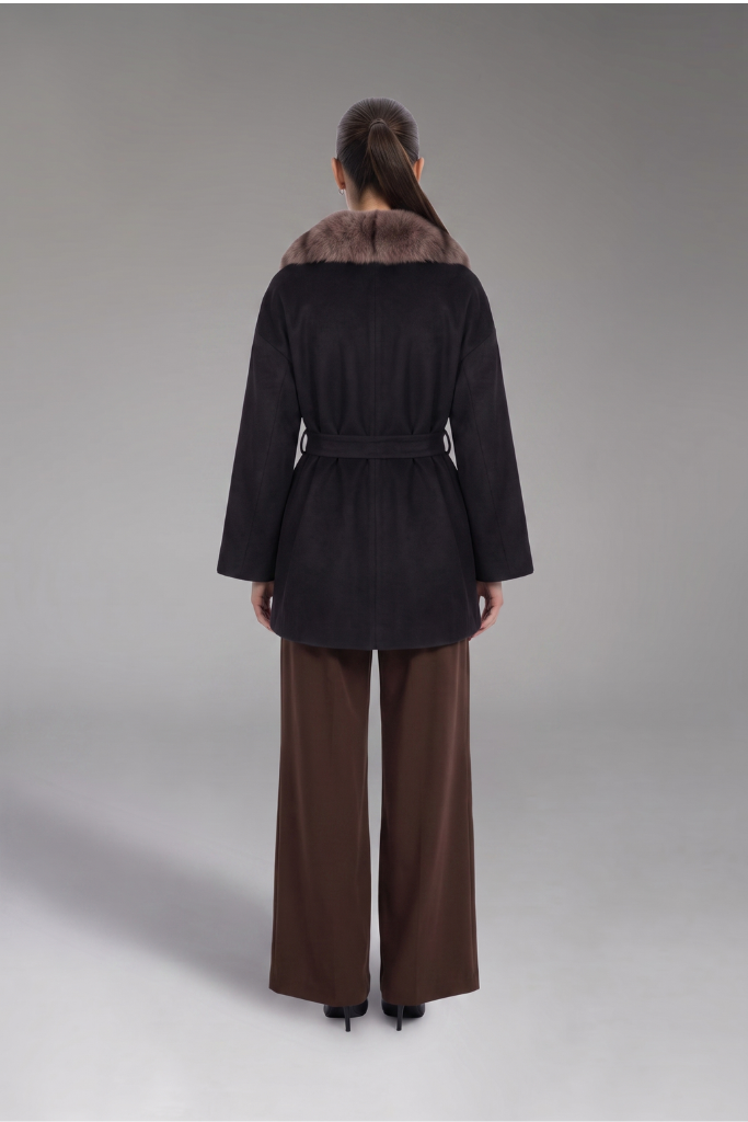 Palton Alpaka Zibellino cu blana naturala de vulpe samur in lungime, Negru, Octavia, Carolina Design Palton Alpaka Zibellino cu blana naturala de vulpe samur in lungime, Negru, Octavia, Carolina Design