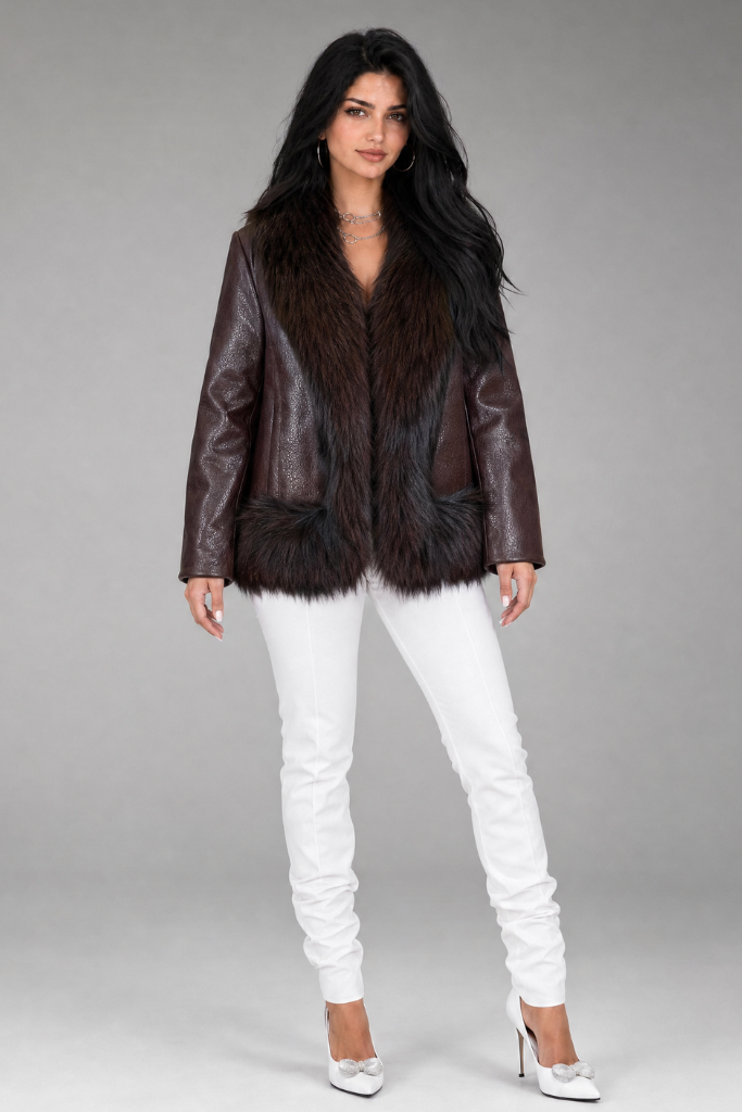 Haină din Piele Naturală Texturată cu Blană de Vulpe Argintie, MK 2663ZG, Evadne, Burgundy, Carolina Design Haină din Piele Naturală Texturată cu Blană de Vulpe Argintie, MK 2663ZG, Evadne, Burgundy, Carolina Design