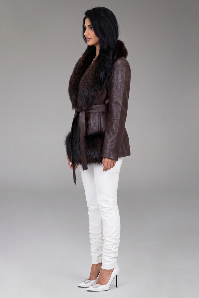 Haină din Piele Naturală Texturată cu Blană de Vulpe Argintie, MK 2663ZG, Evadne, Burgundy, Carolina Design Haină din Piele Naturală Texturată cu Blană de Vulpe Argintie, MK 2663ZG, Evadne, Burgundy, Carolina Design
