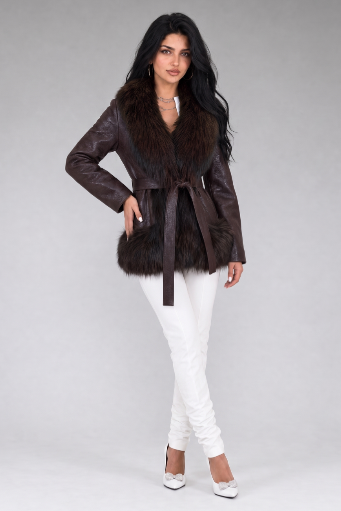 Haină din Piele Naturală Texturată cu Blană de Vulpe Argintie, MK 2663ZG, Evadne, Burgundy, Carolina Design