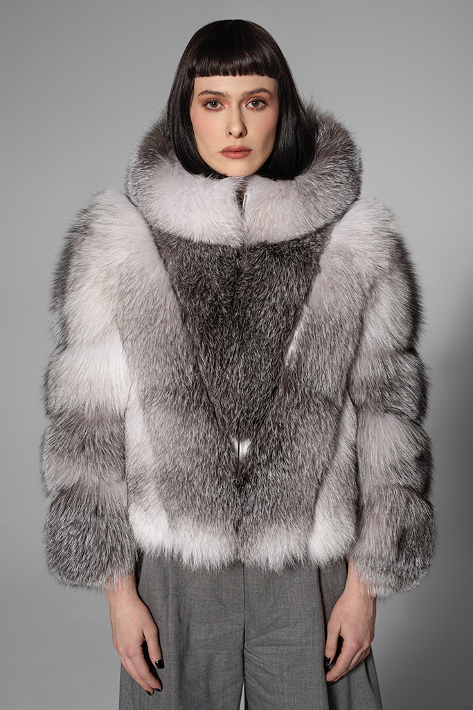 Haina din blana de Vulpe Marble, cu gluga, model Transformers 2 in 1 "V", Carolina Design
