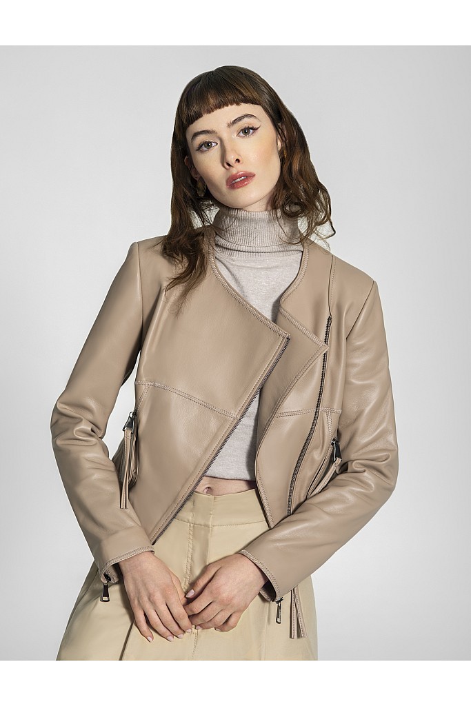 Jacheta de piele naturala cu guler decupat, Victoria , 1540 , Sepia , Carolina Design